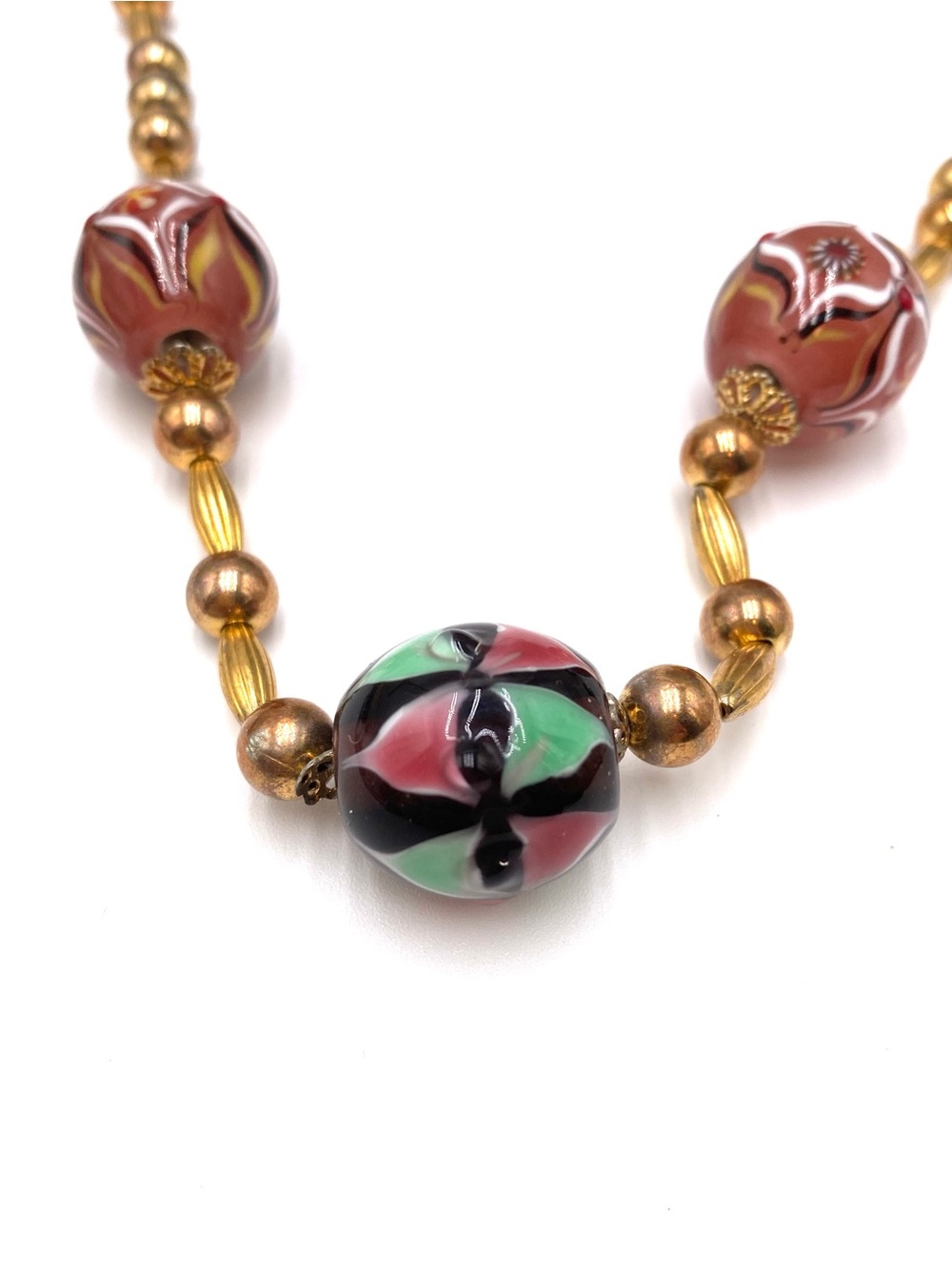 Vintage Necklace Metallic Gold Tone Beads Venetian Style Glass 20”